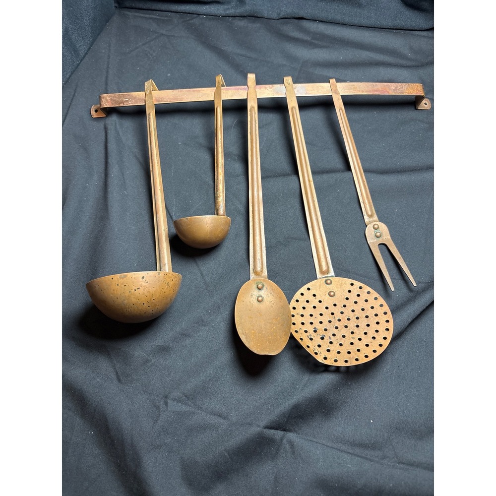 Vintage ODI Copper Kitchen Tool Set Hanging Wall Rack 5 Utensils Made in Korea